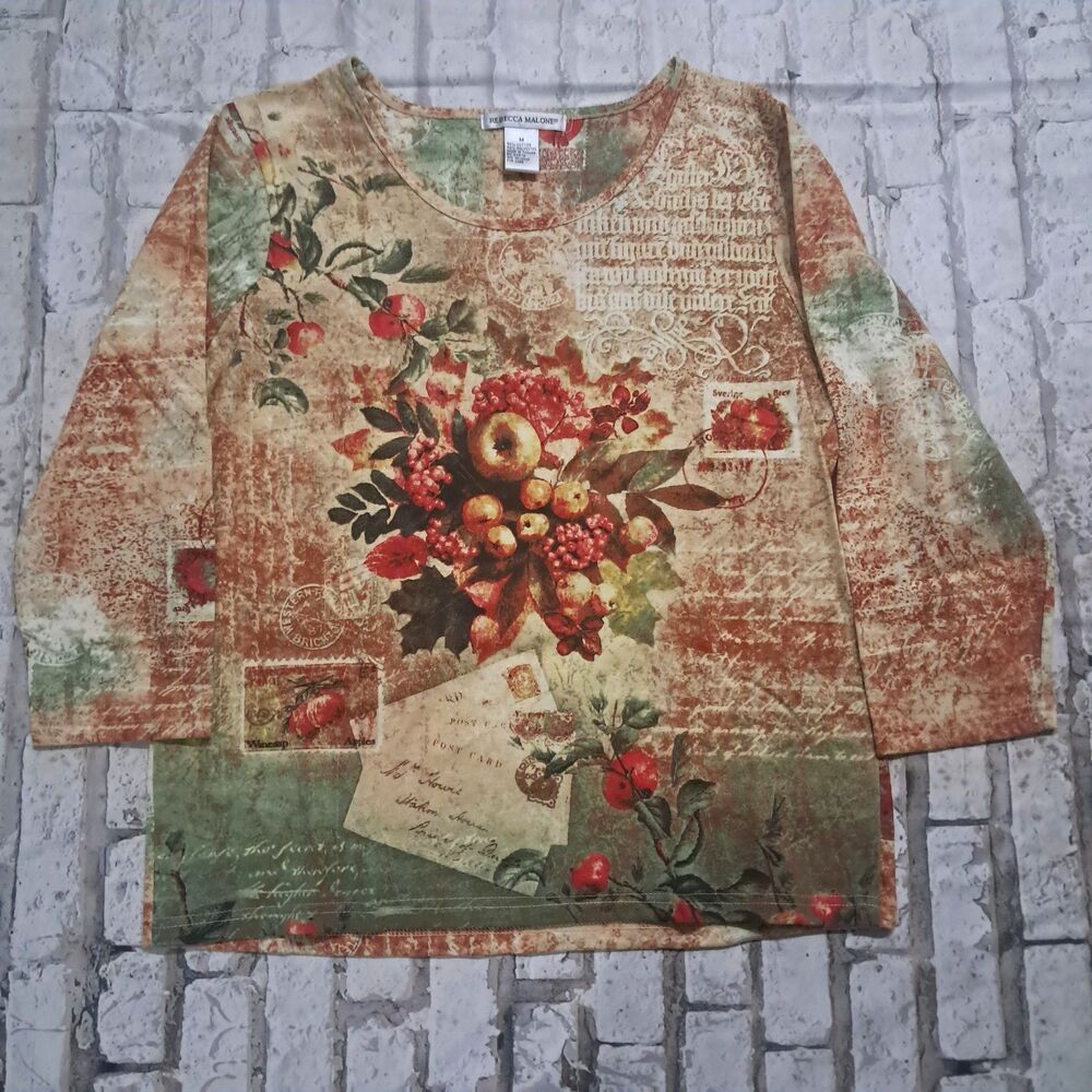 Vintage Rebecca Malone Women's Medium Top Postcard Stamp Apples Thanksgiving